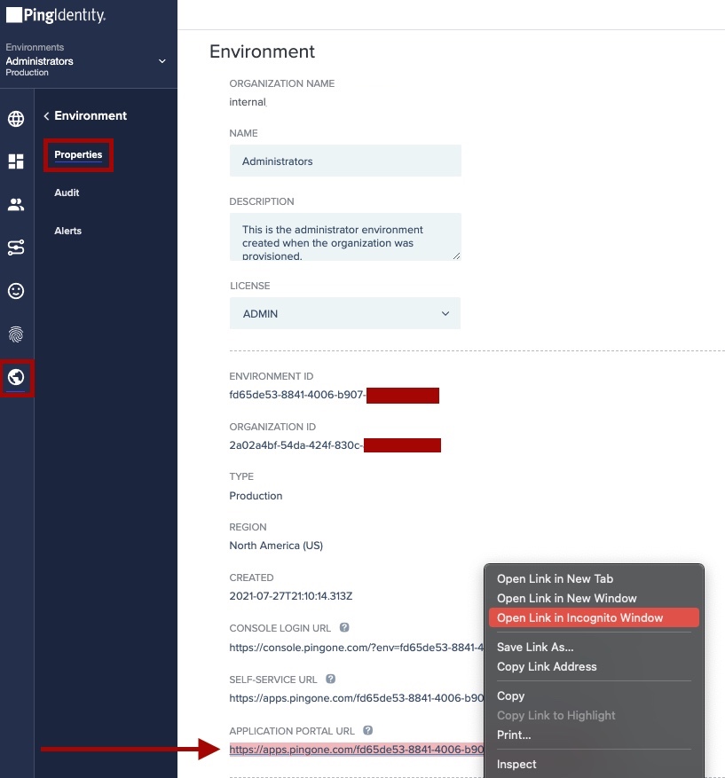 Screen capture of Properties Environment section with the Application Portal URL highlighted in red.