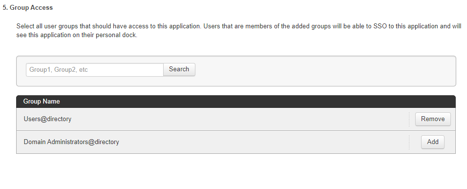 Screen capture of PingOne for Enterprise Group Access section showing a list of group names with Add and Remove buttons next to them.