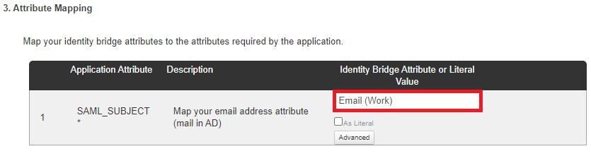 Screen capture of the PingOne for Enterprise Attribute Mapping table. In the Identity Bridge Attribute or Literal Value column of the SAML_Subject row, the Email attribute has been entered and is highlighted in red.