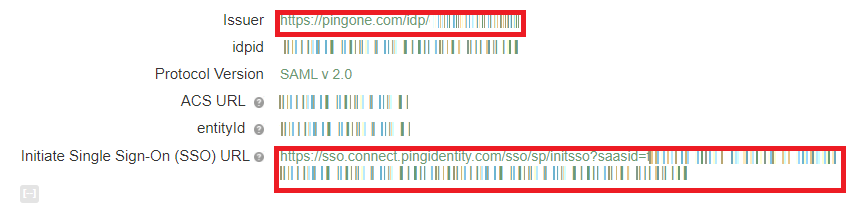 Screen capture of PingOne for Enterprise individual identifiers, with the Issuer and Initiate Single Sign-On (SSO) URL fields highlighted in red.