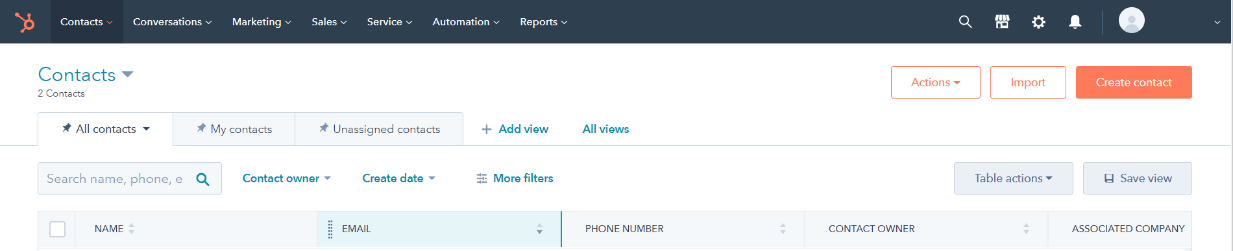 Screen capture of HubSpot Contacts page.