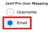 Screen capture of the Jamf Pro User Mapping section with the Email button highlighted in red.