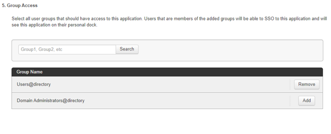 Screen capture of the PingOne for Enterprise Group Access section with two Group Name search field and the Group Name results field.