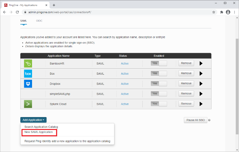 Screen capture of PingOne for Enterprise SAML Application table. Below, the Add Application button drops down and the New SAML Application option is highlighted in red.