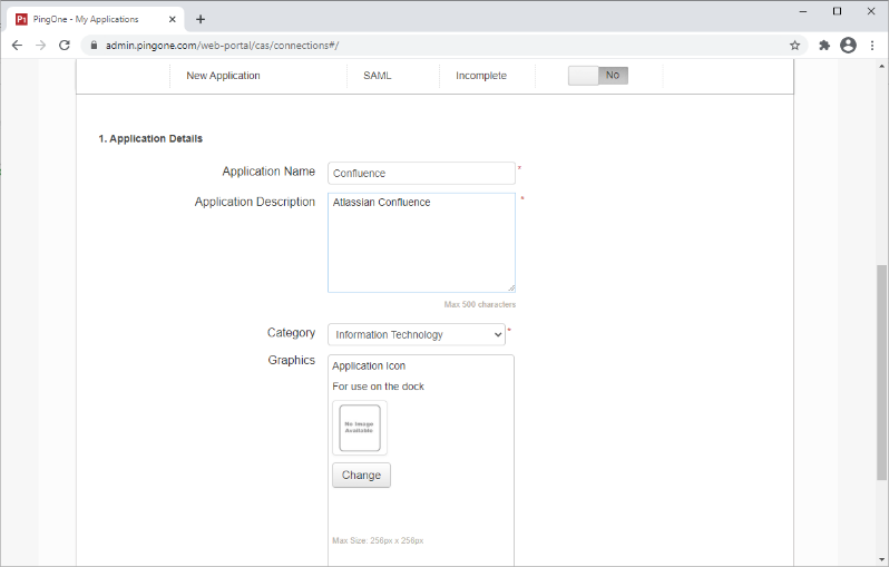 Screen capture of PingOne for Enterprise Application Details with the fields for Application Name, Application Description, and Category drop down list all asterisked and Graphics as an optional field.