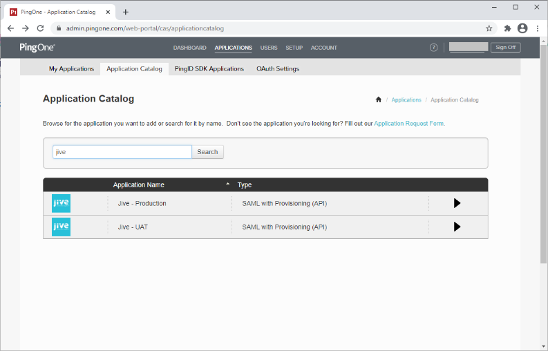 Screen capture of PingOne for Enterprise Application Catalog with Jive - Production and Jive - UAT displayed as search results for 