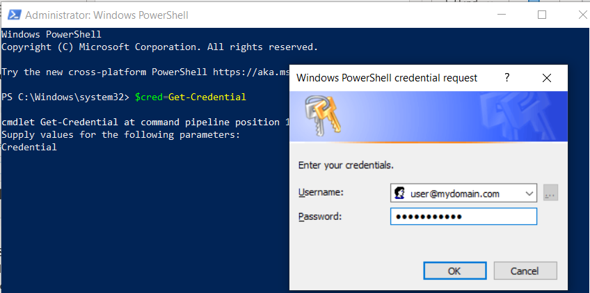 Screen capture of Windows Powershell credential request prompting for username and password.