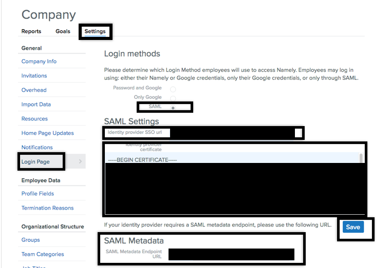 Screen capture of Namely Company page with Settings, Login Page, SAMML, SAML Settings ceritficate, and SAML Metadata highlighted.