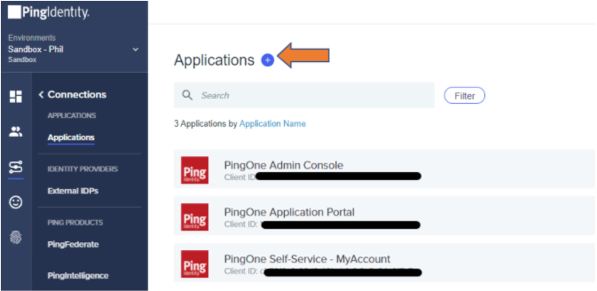 Screen capture of PingOne Applications page with an arrow pointing to the plus icon next to Applications.