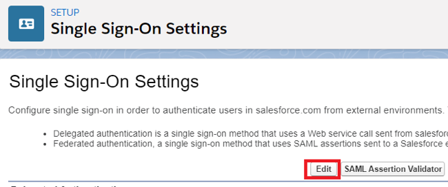 Screen capture of the Salesforce Single Sign-On Settings Setup page with the Edit button highlighted in red.