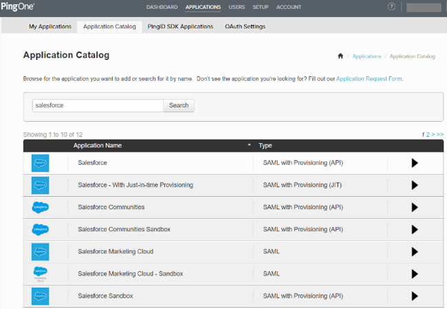 Screen capture of the PingOne for Enterprise Application Catalog with various Salesforce applications displayed.