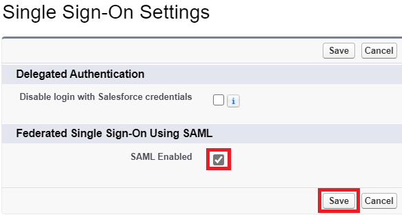 Screen capture of the Salesforce Signle Sign-On Settings page with the SAML Enabled check box and the Save button highlighted in red.