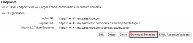 Screen capture of the Endpoints section of the Salesforce metadata summary page with the Download Metadata button highlighted in red.