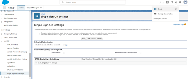 Screen capture of the Salesforce Single Sign-On Settings.