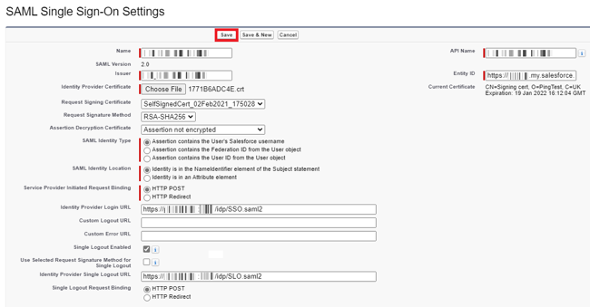 Screen capture of the SAML Single Sign-On Settings with the Save button highlighted in red.