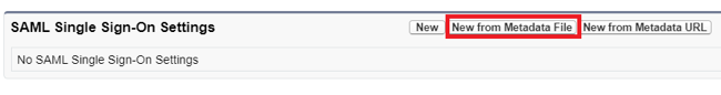 Screen capture of the Salesforce SAML Single Sign-On Settings section with the New from Metadata File button highlighted in red.