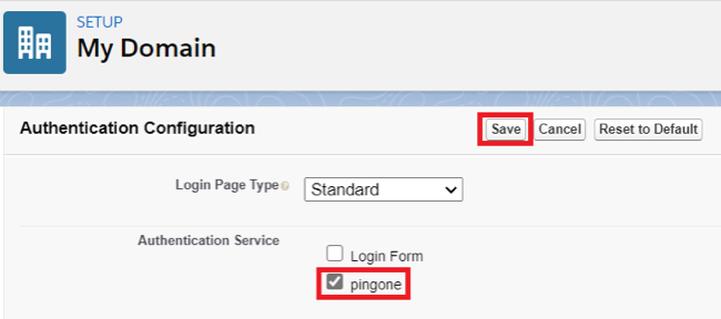 Screen capture of the Salesforce Authentication Configuration fields with the Save button and the Authentication Service pingone check box highlighted in red