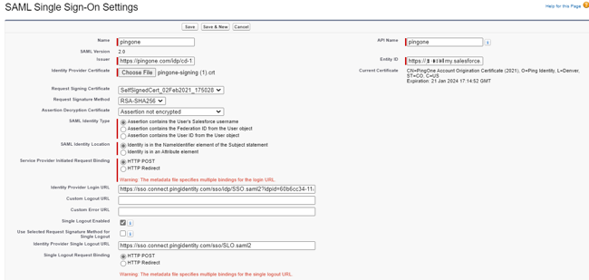 Screen capture of the SAML Single Sign-On Settings summary page with metadata file warnings highlighted in red.