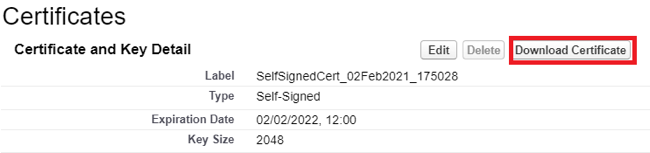 Screen capture of the Certificates section with the Download Certificate button highlighted in red.