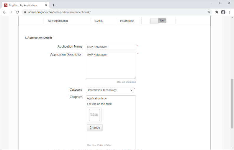 Screen capture of the PingOne for Enterprise Application details page with SAP Netweaver entered as the Application Name and Application Description.