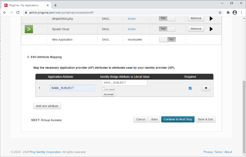 Screen capture of PingOne for Enterprise SSO Attribute Mapping section with SAML_SUBJECT entered as both the Application Attribute and the Identity Bridge Attribute or Literal Value and the Required box checked.