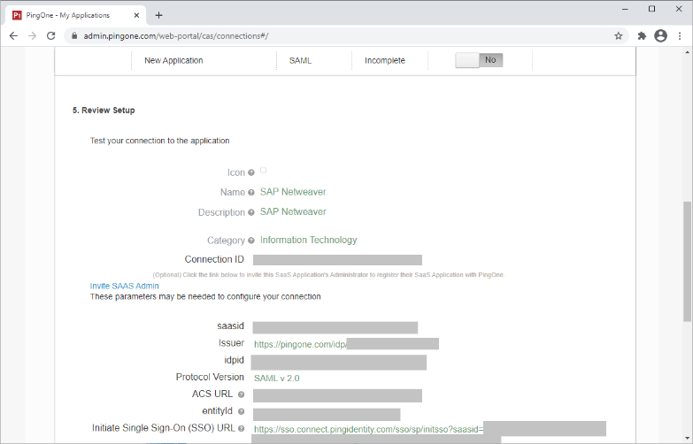 Screen capture of PingOne for Enterprise Review Setup section to test the connection to SAP Netweaver.