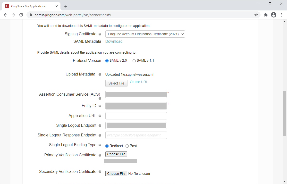 Screen capture of PingOne for Enterprise SAML Application Settings with a signing certificate selected in the Signing Certificate dropdown menu and SAML v.2.0 selected as the Protocol Version.