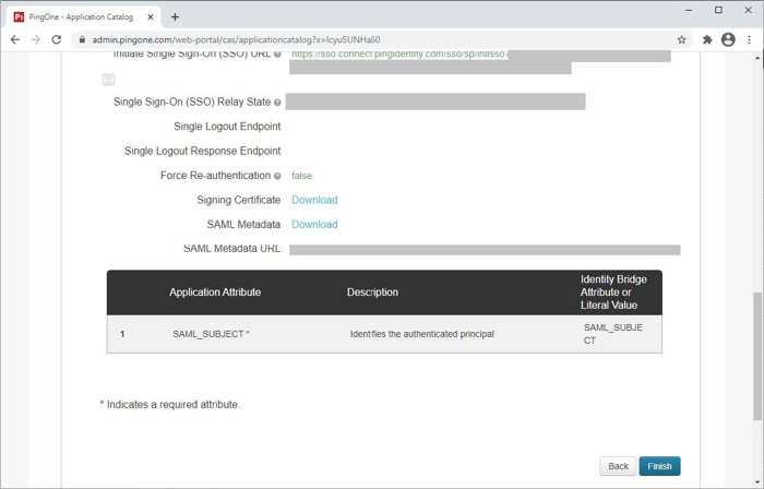 A screen capture of the 6. Review Setup section. There are fields to review for Single Sign-On (SSO) Relay State, Single Logout Endpoint, Single Logout Response Endpoint, Force Re-authentication, Signing Certificate, SAML Metadata, SAML Metadata URL, and a list of the existing Mapped Application Attributes. There are Back and Finish buttons.