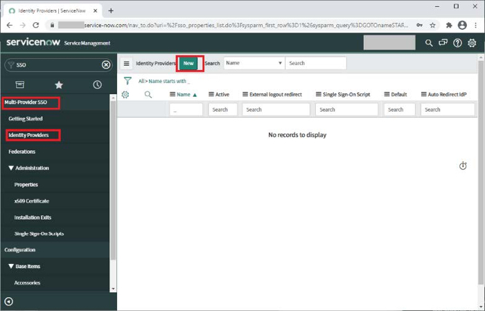A screen capture of the Identity Providers section, In the left navigation pane, Multi-Provider SSO and Identity Providers are highlighted and selected. In the Identity Providers page, The New button, which is green, is selected and highlighted.