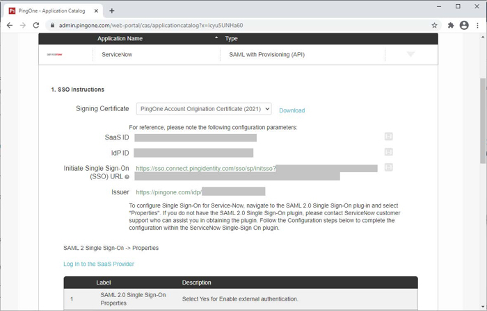 A screen capture of the 1. SSO Instructions section. There are fields for Signing Certificate and the Download option, Saas ID, IdP ID, Initiate Single Sign-On (SSO) URL, and Issuer.