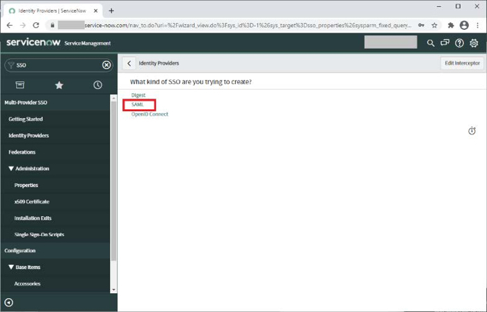 A screen capture of the Identity Providers section, where you add a new SSO Identity Provider. The section introduction is What kind of SSO are you trying to create? There are 3 options to choose from: Digest, SAML, and OpenID Connect. The SAML option is highlighted.