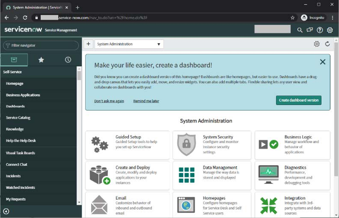 A screen capture System Administration dashboard. The dashboard has settings by icons for Guided Setup, System Security, Business Logic, Create and Deploy, Data Management, Diagnostics, Email, Homepages, and Integration.