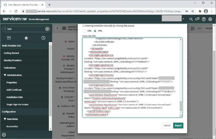 A screen capture of the Import Identity Provider Metadata dialog in the 3. Entering metadata manually by closing this popup section. There are two radio buttons, URL and XML. The XML radio button is clicked. The Enter the XML field contains pasted XML metadata. There are two buttons, Cancel and Import, which is green.