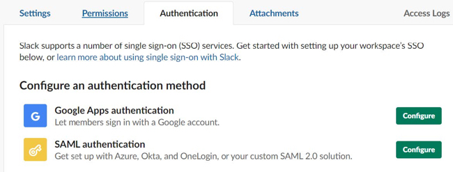 Screen capture showing where to click the Configure button to begin configuring the SAML authentication method.