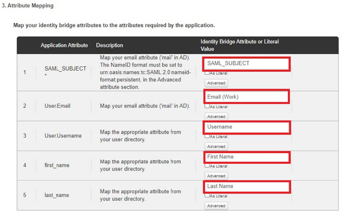 Screen capture showing how to map the application attributes to the corresponding attributes in your userstore.