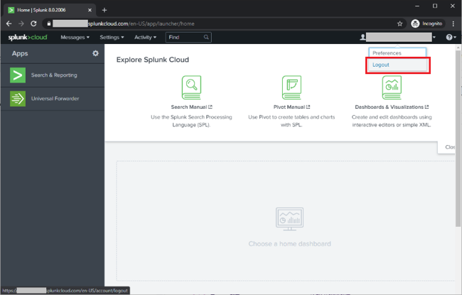 Screen capture of the Splunk Cloud homepage with the Logout button highlighted in red.