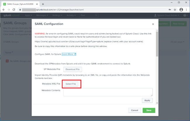 Screen capture illustrating the SAML Configuration warning message notifying users that an error in configuring SAML could result in users and admins being locked out of Splunk Cloud.