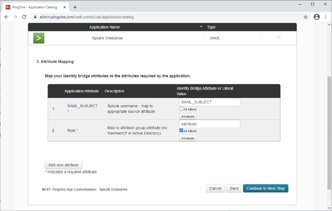 Screen capture of the Attribute Mapping section of the Application Catalog.