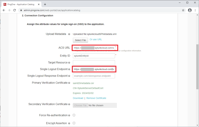 Screen capture of the Connection Configuration section of the Application Catalog with the ACS URL and Single Logout Endpoint fields highlighted in red.