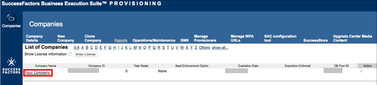 Screen capture of SuccessFactors Companies page with Your Company hyperlink highlighted in red.
