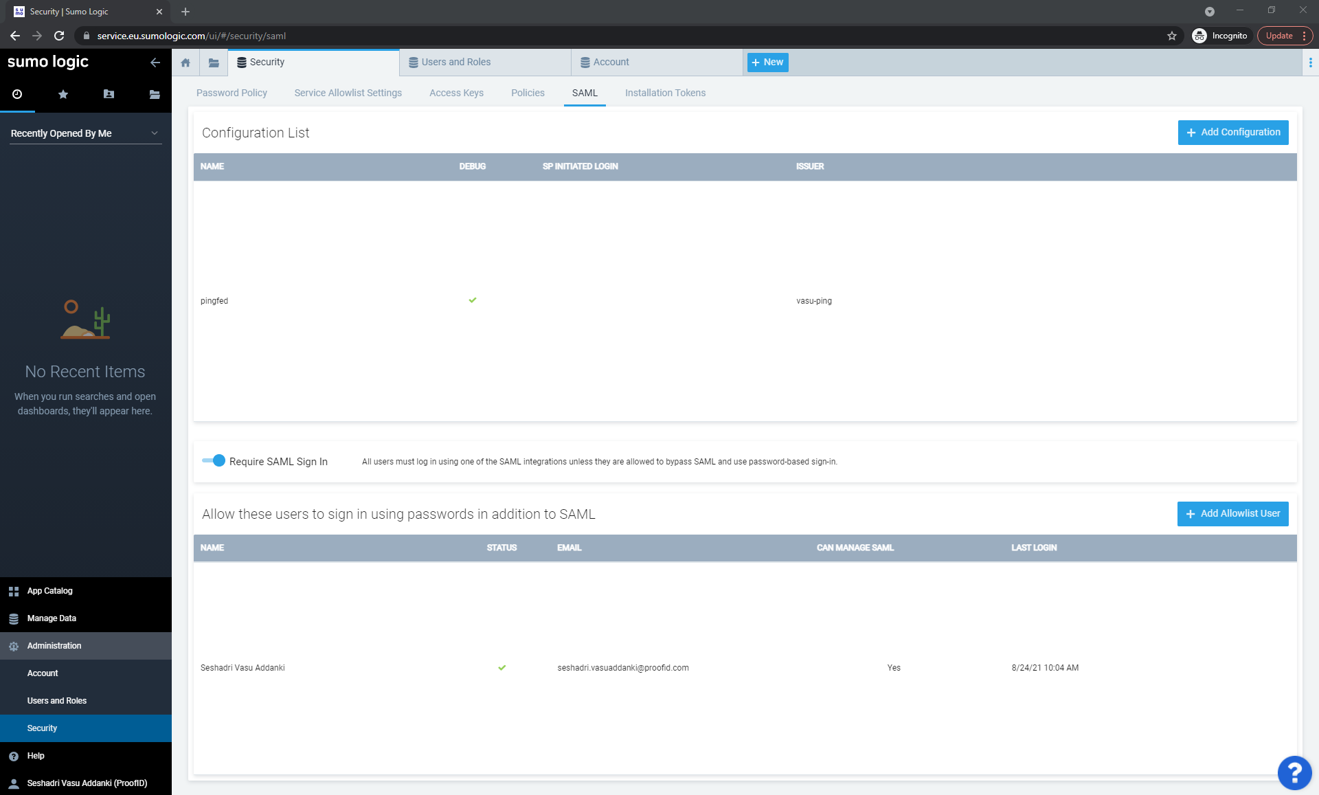 Screen capture of the SumoLogic Configuration List with pingfed added as a configuration.