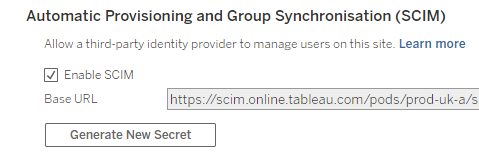 Screen capture of Tableau automatic provisioning and group synchronization section to generate a new secret.