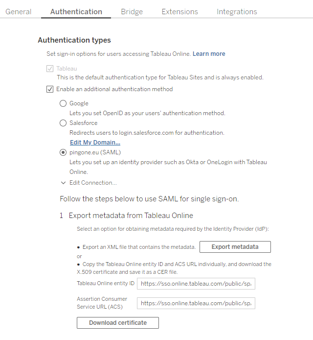 Screen capture of Tableau Authentication types page.