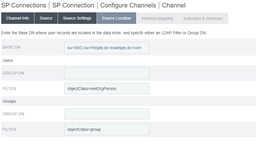 Screen capture of PingFederate channel configuration with source location settings.