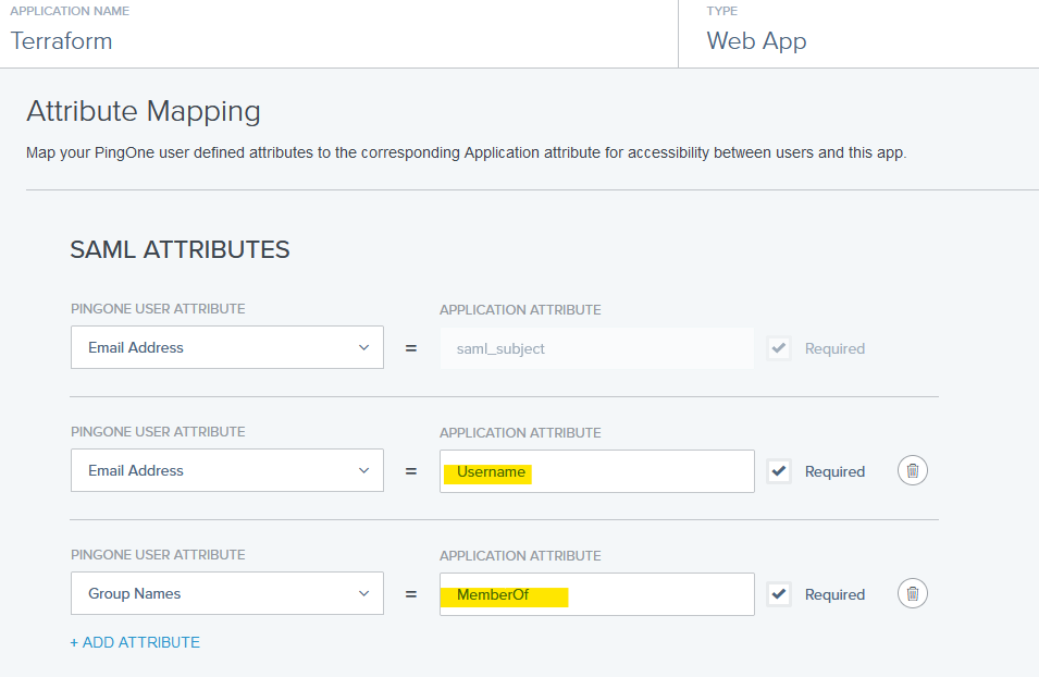 Screen capture of Terraform Attribute Mapping section.