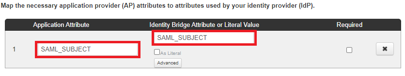 Screen capture of PingOne for Enterprise Application Attribute table with SAML_SUBJECT highlighted in red in both the Application Attribute and Identity Bridge Attribute or Literal Value columns.