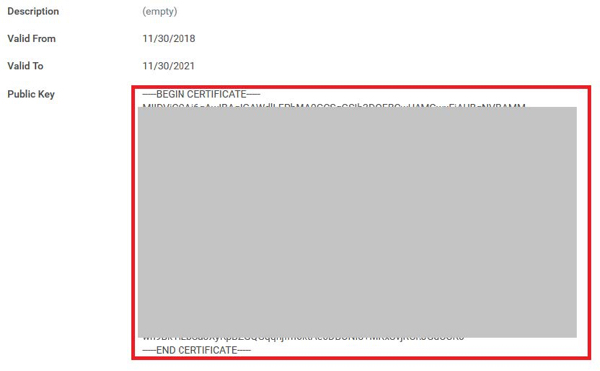 A screen capture of the Create x509 Private Key configuration section. There are fields for Description, Valid From, Valid To, and Public Key, which has the PingOne signing certificate details and is highlighted.