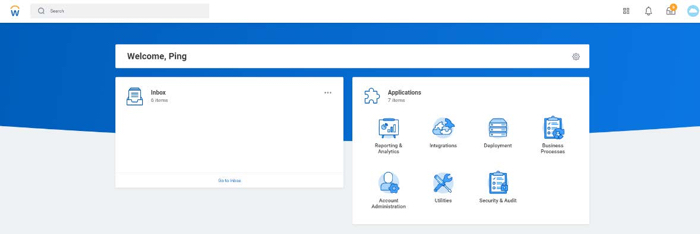 A screen capture of the Workday administrator home page/dashboard. The intro section sentence is Welcome, Ping and to the right has a gear icon. The page is split into two halves, the Inbox and Applications sections. The left or Inbox section contains a mail icon and the Inbox items. At the bottom center of this section is a Go to Inbox link. In the Applications or right section, is a puzzle icon and a list of all Applications by their name and a icon.