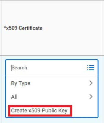 A screen capture of the expanded *x509 Certificate field. In the menu list, the Create x509 Public Key option is highlighted.