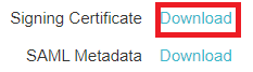 Screen capture of PingOne for Enterprise Signing Certificate and SAML Metadata Download options, with the Signing Certificate Download hyperlink highlighted in red.